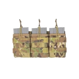 Front view of a First Spear triple magazine holder for 7.62 magazines - magazines inserted. It has an open top with a bungee security system. The color is Multicam.