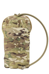 Front view of the hydration pouch showing the laser cut MOLLE and hydration tube. Multicam 