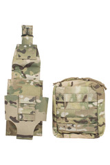 Front view of the medical thong side by side with the medical pouch, multicam