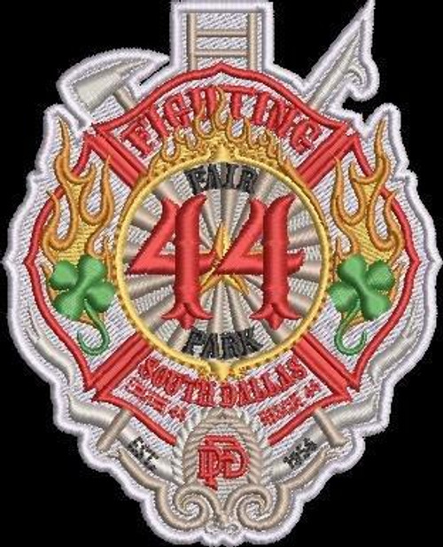 A firefighter badge features flames around the number "44," surrounded by tools and clovers. It reads: â€œFIRE 44,â€ â€œQUARTERS,â€ â€œFLATBUSH,â€ â€œTHE NUT HOUSE,â€ with a black background.