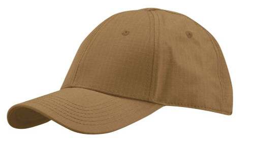 A brown baseball cap with visible stitching lies on a plain white background. Its curved brim and buttoned crown are prominent, and the cap appears unworn.