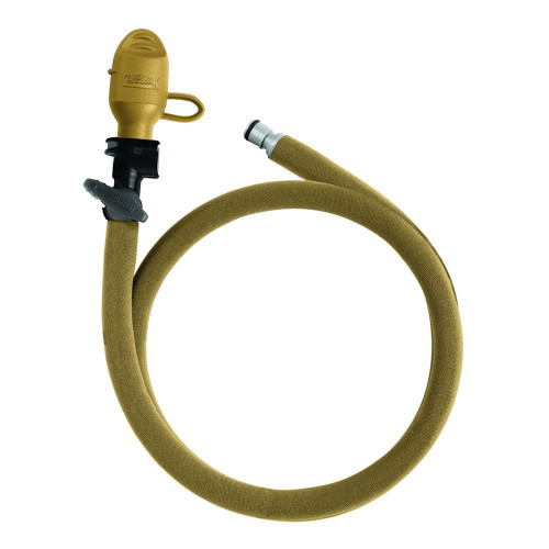 A coiled, tan hydration tube features a brown bite valve and a protective cover. The tube ends with a silver connector. The design is intended for use with hydration systems.