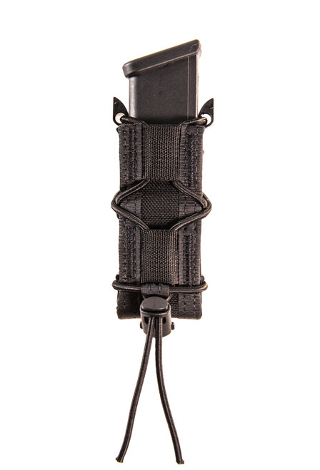 A black pistol magazine is held securely in a black, adjustable nylon pouch, featuring bungee cords and a buttoned strap. The context is a plain white background.