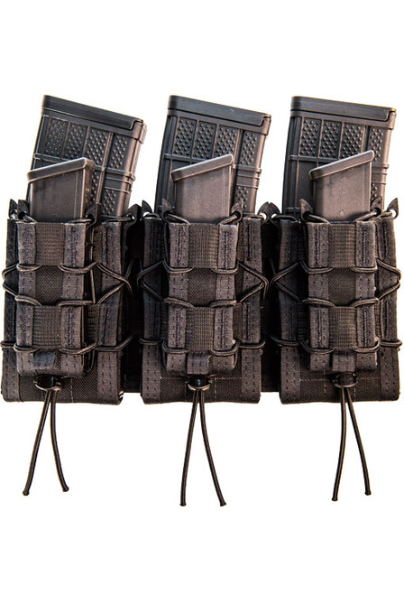 Three rifle magazines are held upright in tactical pouches with adjustable bungee retention cords. The magazines protrude slightly, organized side by side against a plain white background. Three rifle magazines are held upright in tactical pouches with adjustable bungee retention cords. The magazines protrude slightly, organized side by side against a plain white background.