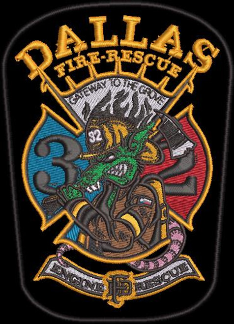 A fire department patch features a dragon in a firefighterÃ¢â‚¬â„¢s uniform holding an axe and hose. Surrounding text reads Ã¢â‚¬Å“DALLAS FIRE RESCUE,Ã¢â‚¬Â Ã¢â‚¬Å“ENGINE 3,Ã¢â‚¬Â and Ã¢â‚¬Å“3RD WATCH.Ã¢â‚¬Â The background is black.