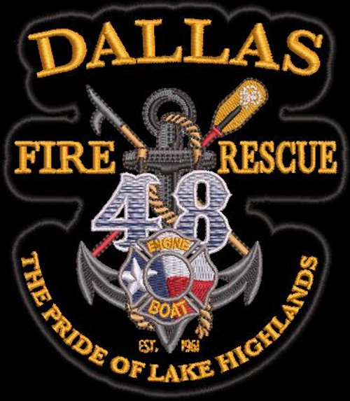 A badge features "DALLAS FIRE RESCUE" and "THE PRIDE OF LAKE HIGHLANDS" text. Number 48 is central, surrounded by fire axes and heraldic elements, creating a symbolic design.