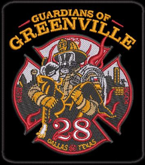 A firefighter depicted in detailed gear holds an axe, surrounded by text: "Guardians of Greenville" and "Engine/Truck 28," against a red shield background with flames.