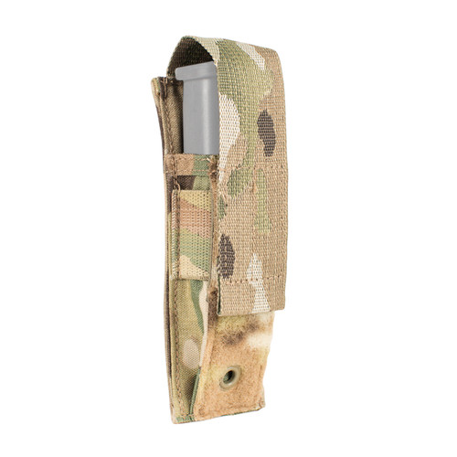 Angled view of a multi-use leatherman, pistol, miscellaneous pouch, with velcro flap closure multicam.