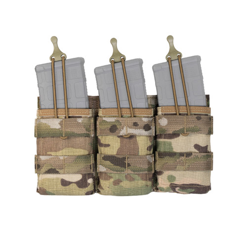 Front view of a Triple 5.56 Magazine Pouch with Short Body that allows more of the magazine to be exposed. Shows three magazines inserted in the open top with bungee strap retention. Muticam