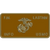 A brown rectangular nameplate features a gold emblem of the US Marine Corps in the center. Text reads: "F.N. LASTNM" and "INFO USMC" on the sides.