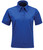 Short-sleeve blue polo shirt displayed on a plain white background, featuring a classic collar and three-button placket, highlighting the shirt's neat and casual design.