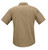 A short-sleeved, beige shirt is displayed flat, viewed from the back, showing its collar and simple design without additional details, against a plain white background.