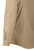 A beige long-sleeve shirt with a buttoned cuff lies flat, showing detailed stitching. The shirt includes a shoulder button and reinforced elbow patch, set against a plain background.