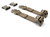 Brown plastic buckles and adjustable straps lie on a plain white background. The buckles are detached, with two straps aligned below, showing their functional fastening system.