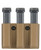 A Coyote Brown magazine pouch holds three pistol magazines upright, attached to a textured belt. The design features individual slots for secure storage and easy access.