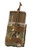 A front facing image of a multicam Scar-Single mag holder. Retention is supplied with a shock cord and a speed tab. This pocket is made from state of the art durable materials.