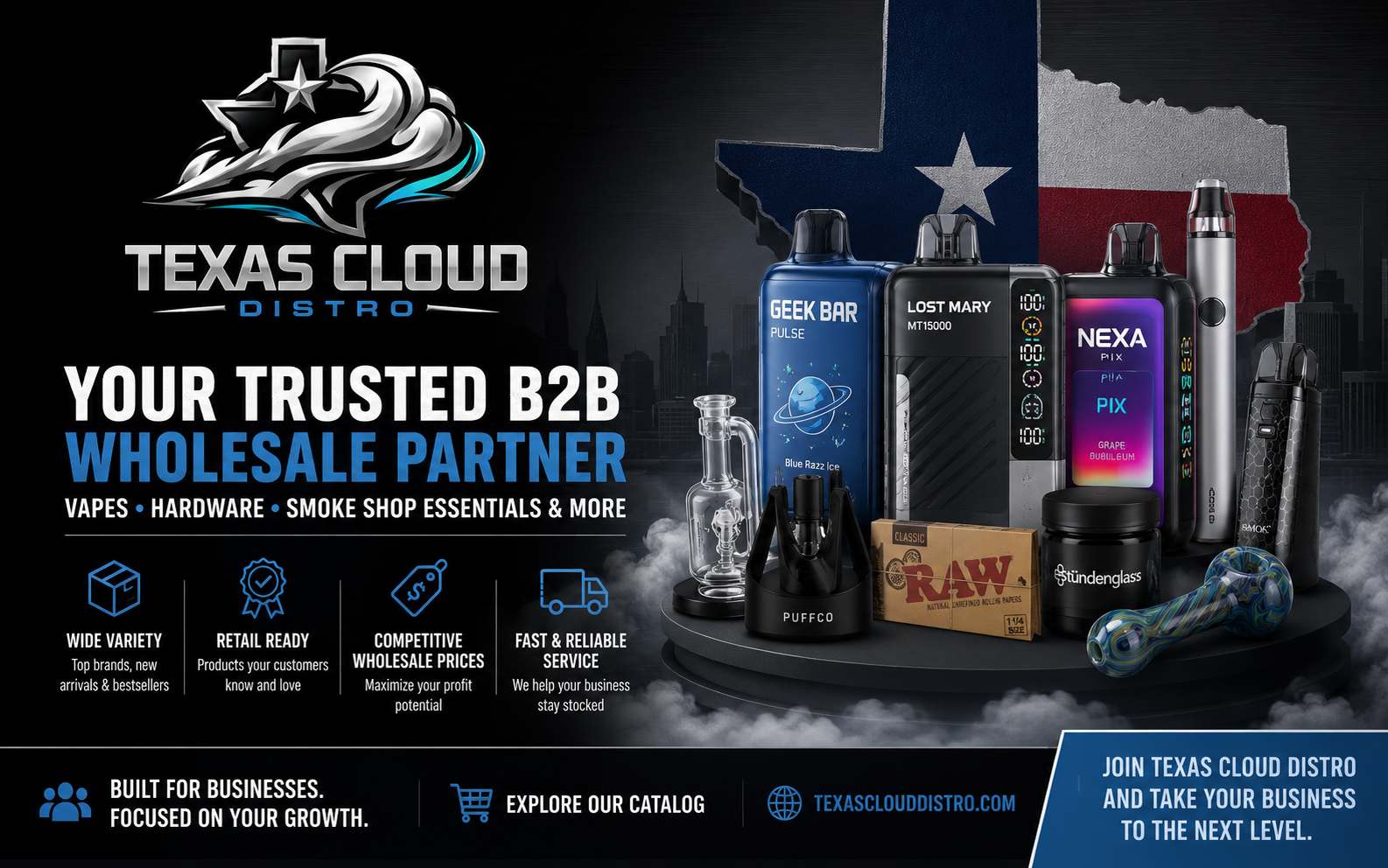Texas Cloud Distro: Your Trusted B2B Wholesale Partner for Vapes, Hardware & More
