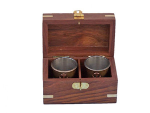 Antique Brass Anchor Shot Glasses With Rosewood Box 4" - Set of 2 Antique Brass Anchor Shot Glasses With Rosewood Box 4" - Set of 2