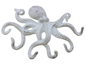 Rustic Whitewashed Cast Iron Octopus Hook 11" Rustic Whitewashed Cast Iron Octopus Hook 11"