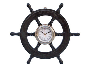 Deluxe Class Wood and Chrome Pirate Ship Wheel Clock 18" Deluxe Class Wood and Chrome Pirate Ship Wheel Clock 18"