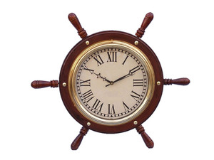 Solid Wood & Brass Ship Wheel Clock 15" Solid Wood & Brass Ship Wheel Clock 15"