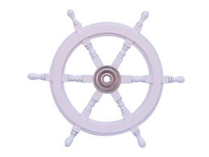 Deluxe Class White Wood and Chrome Ship Decorative Steering Wheel 24" Deluxe Class White Wood and Chrome Ship Decorative Steering Wheel 24"