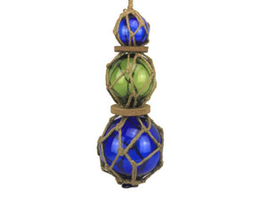 Blue - Green - Blue Japanese Glass Ball Fishing Floats with Brown Netting Decora Blue - Green - Blue Japanese Glass Ball Fishing Floats with Brown Netting Decora
