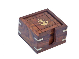 Wooden Anchor Coasters With Rosewood Holder 4" - Set of 6 Wooden Anchor Coasters With Rosewood Holder 4" - Set of 6