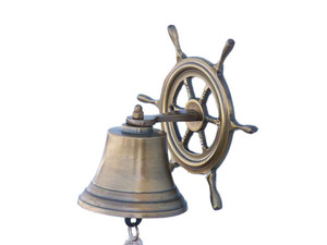 Antique Brass Hanging Ship Wheel Bell 7" Antique Brass Hanging Ship Wheel Bell 7"