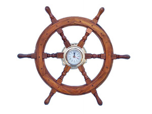 Deluxe Class Wood And Brass Ship Wheel Clock 24" Deluxe Class Wood And Brass Ship Wheel Clock 24"