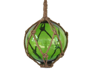 Green Japanese Glass Ball Fishing Float With Brown Netting Decoration 6" Green Japanese Glass Ball Fishing Float With Brown Netting Decoration 6"