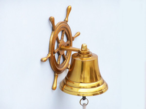 Brass Plated Hanging Ship Wheel Bell 7" Brass Plated Hanging Ship Wheel Bell 7"