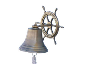 Antique Brass Hanging Ship Wheel Bell 8" Antique Brass Hanging Ship Wheel Bell 8"