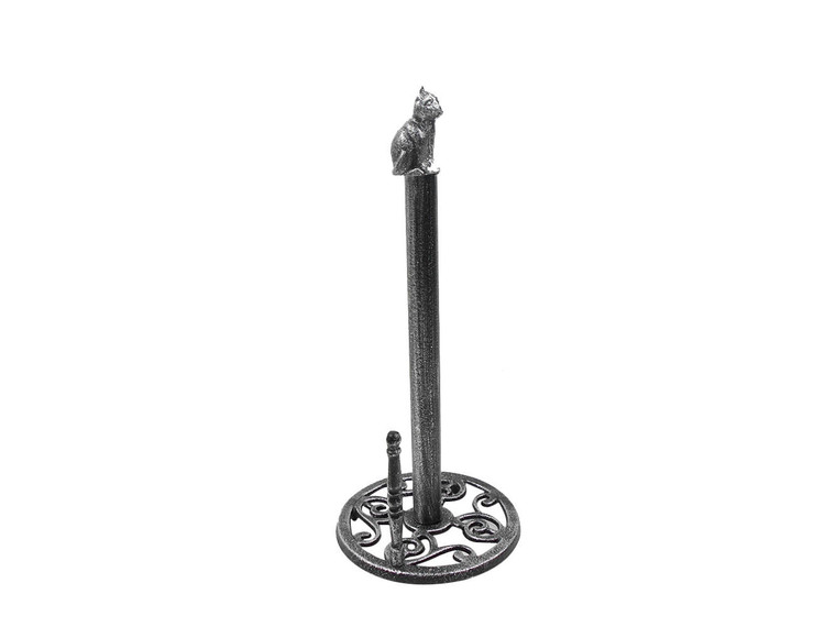 Rustic Silver Cast Iron Sitting Cat Kitchen Paper Towel Holder 16"