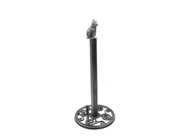 Rustic Silver Cast Iron Sitting Cat Bathroom Extra Toilet Paper Stand 16"
