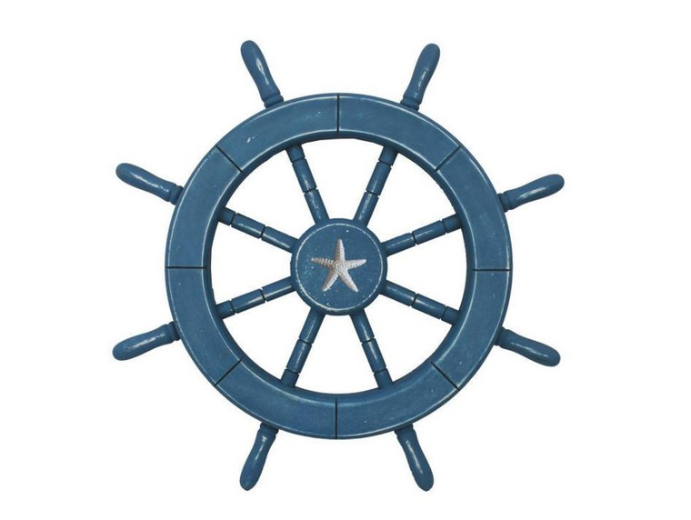 Rustic All Light Blue Decorative Ship Wheel With Starfish 18"