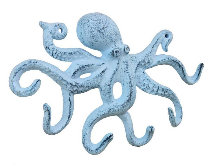 Rustic Dark Blue Whitewashed Cast Iron Octopus Hook 11"