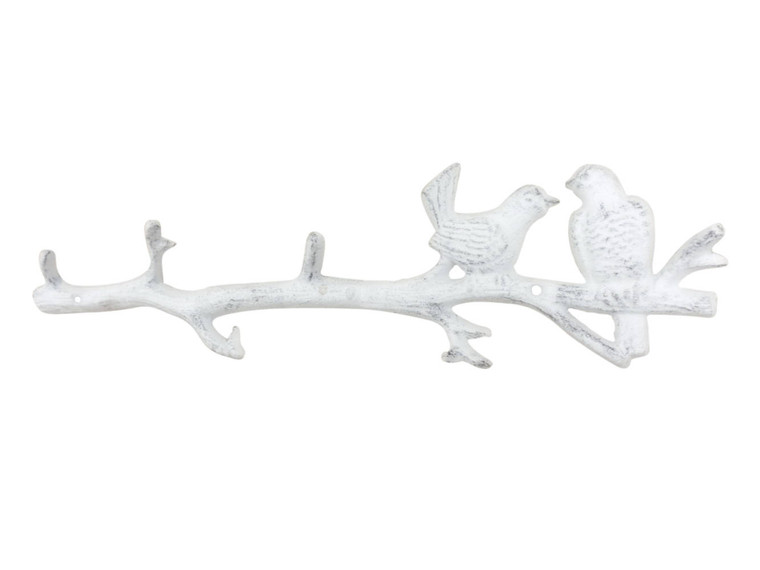 Whitewashed Cast Iron Love Birds on a Tree Branch Decorative Metal Wall Hooks 19"