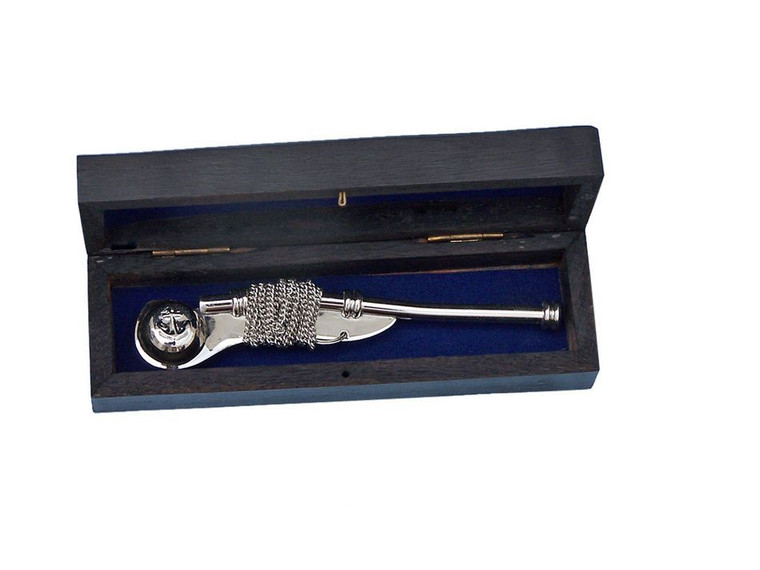 Chrome Boatswain (Bosun) Whistle 5" w/ Black Rosewood Box