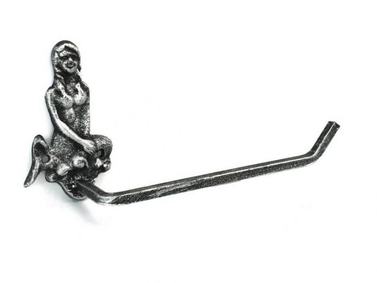 Antique Silver Cast Iron Mermaid Toilet Paper Holder 10"