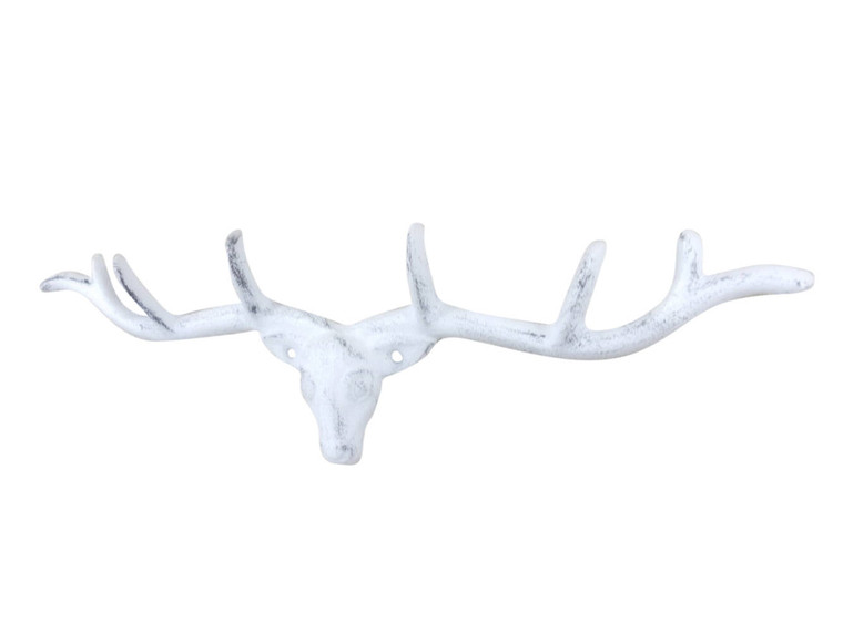 Whitewashed Cast Iron Large Deer Head Antlers Decorative Metal Wall Hooks 15"