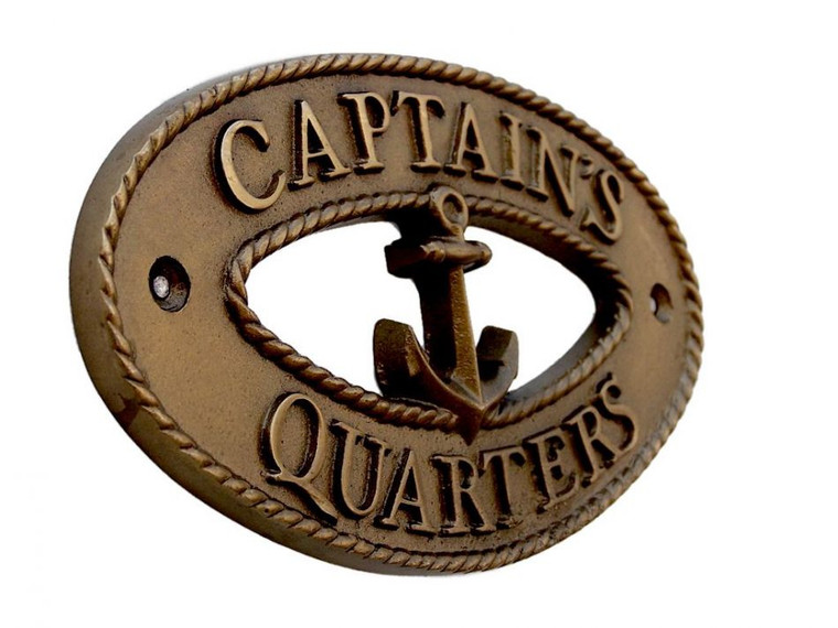 Antique Brass Captains Quarters Oval Sign with Anchor 8"