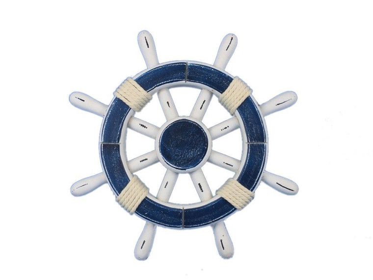 Rustic Dark Blue and White Decorative Ship Wheel 12"