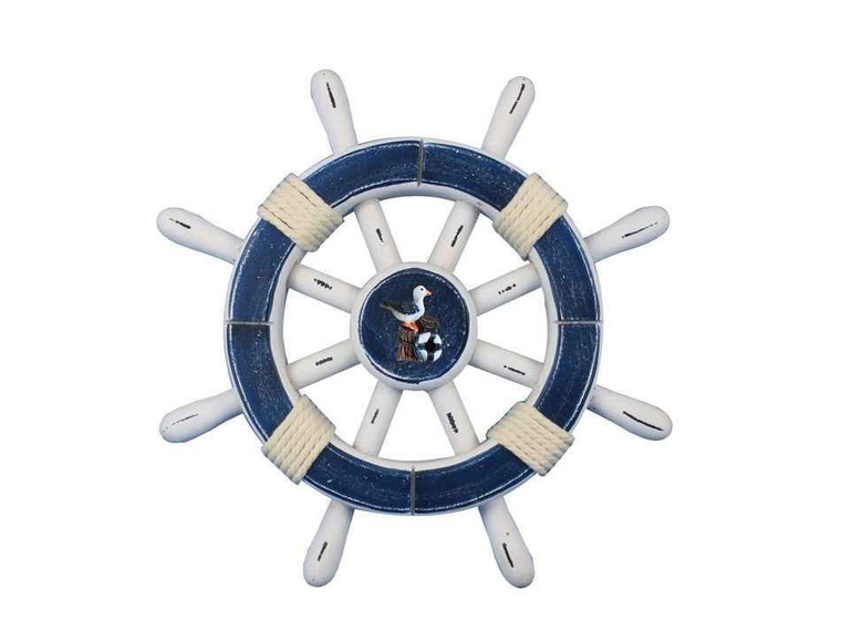 Rustic Dark Blue And White Decorative Ship Wheel With Seagull 12"
