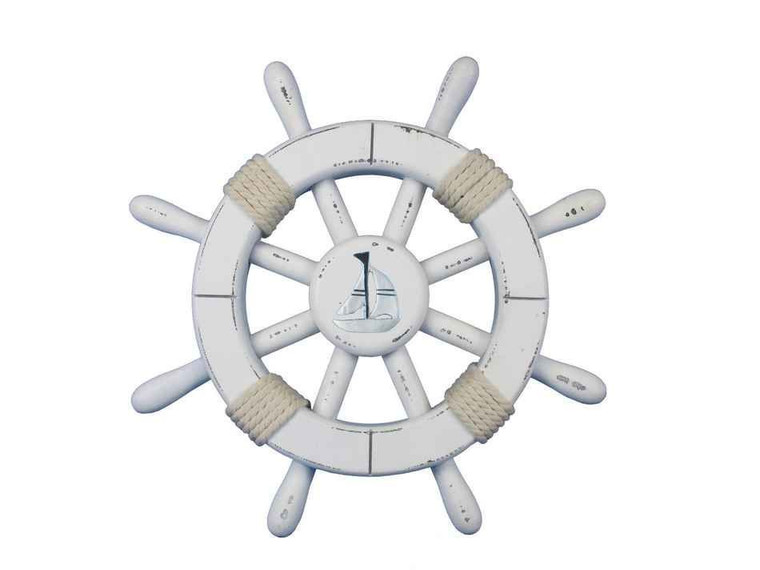 Rustic White Decorative Ship Wheel With Sailboat 12"