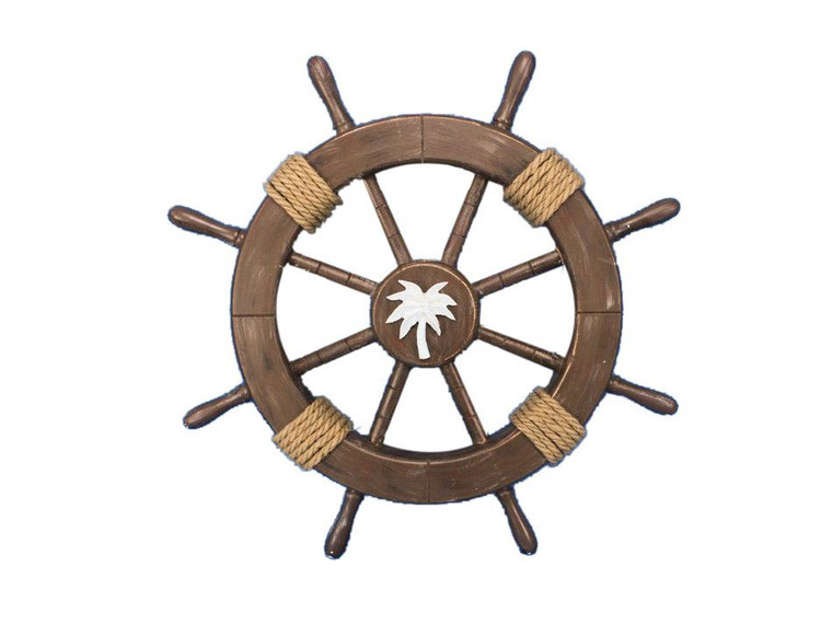 Rustic Wood Finish Decorative Ship Wheel with Palm Tree 18"