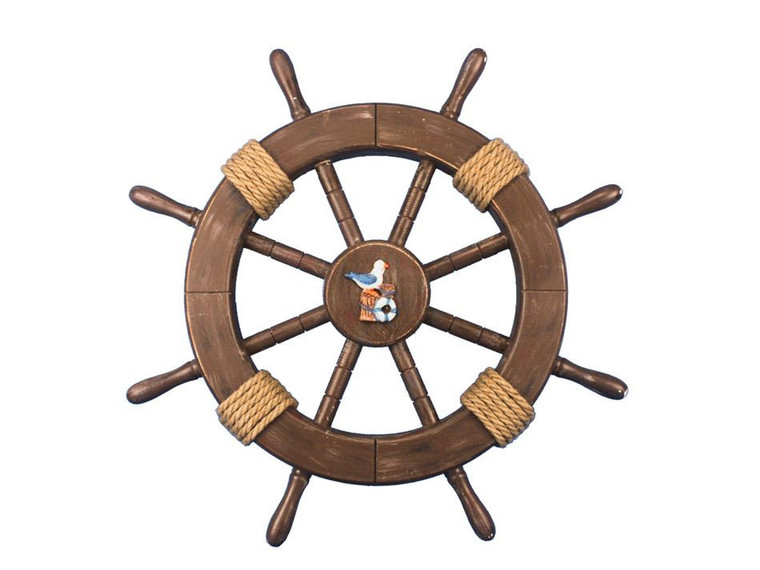 Rustic Wood Finish Decorative Ship Wheel with Seagull and Lifering 18"