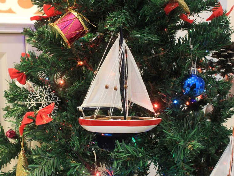 Wooden USA Sailboat Model Christmas Tree Ornament 9"