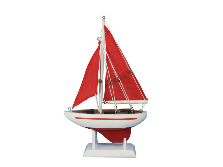 Wooden Red Pacific Sailer with Red Sails Model Sailboat Decoration 9"