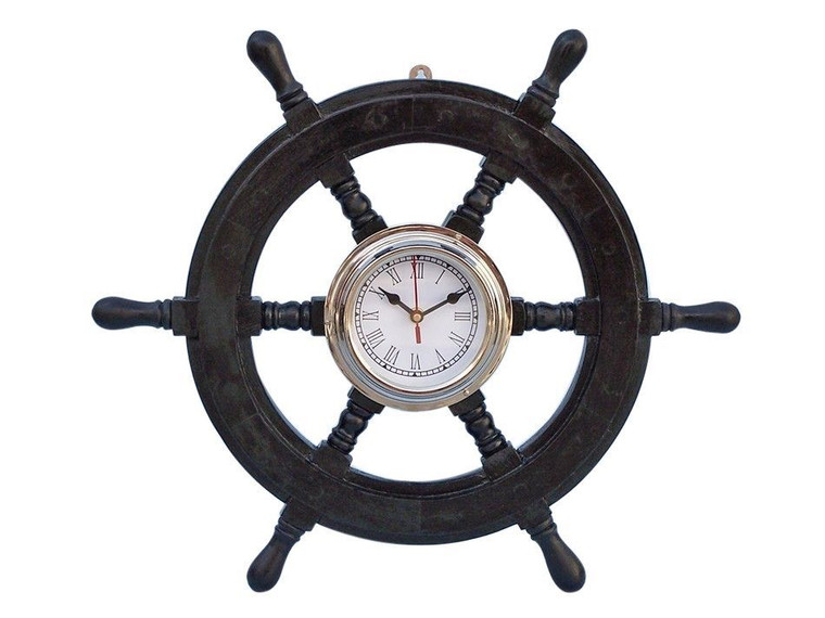 Deluxe Class Wood and Chrome Pirate Ship Wheel Clock 18"